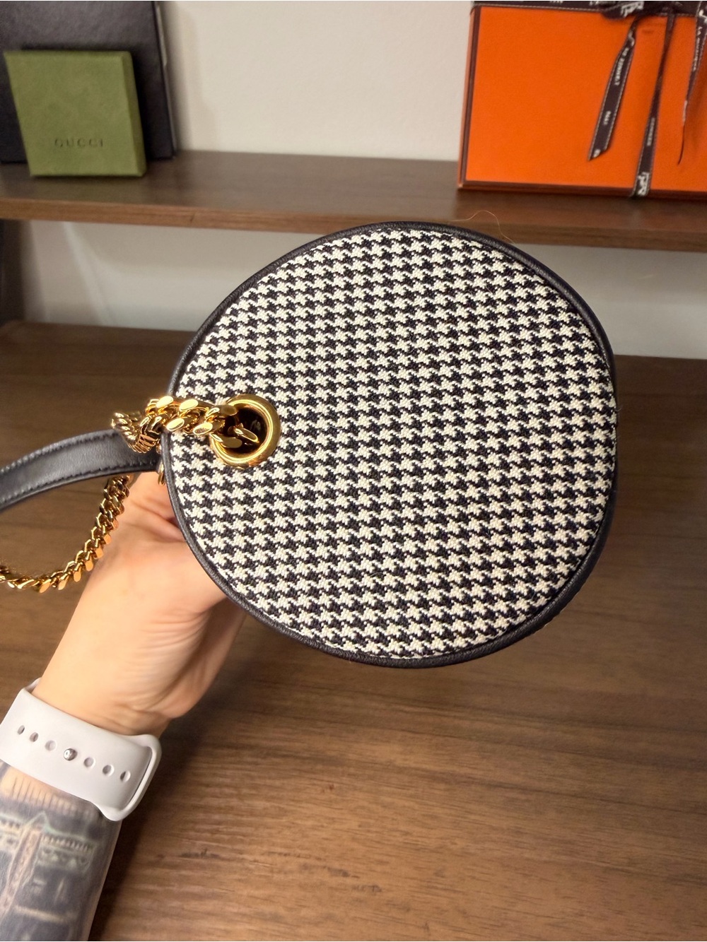 Versace Black & White Houndstooth Quilted Cylinder La Medusa Wool Shoulder Bag - Picture 6 of 12